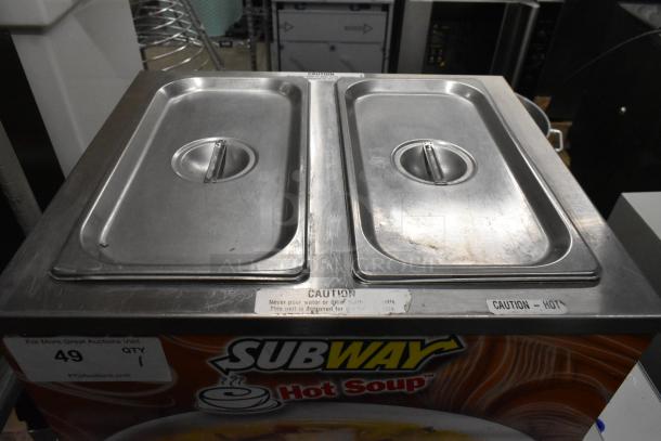 Duke CSW-2-T-AM countertop 2-well food warmer, stainless steel, 120 volts, 1 phase, caution label visible, used condition.