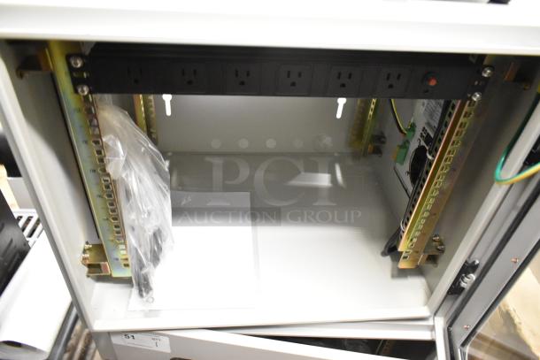 BlackShields DC0300 white metal air-conditioned technology cabinet, featuring multiple power outlets, pristine condition.