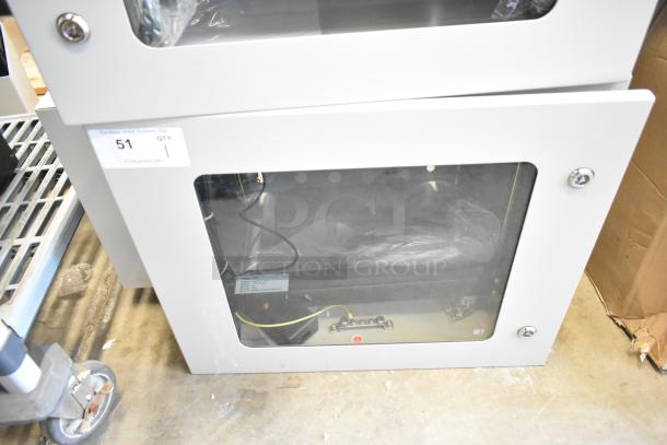 BlackShields DC0300 white metal air-conditioned technology cabinet with glass door; new condition, model tag visible.