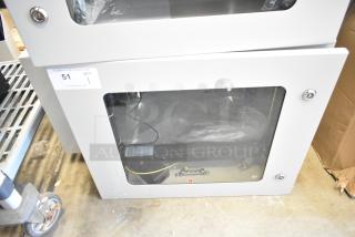 BlackShields DC0300 white metal air-conditioned technology cabinet with glass door; new condition, model tag visible.