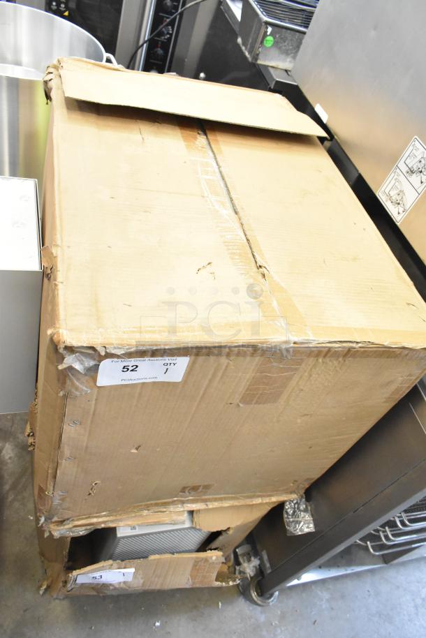 Brand new BlackShields DC0300 white metal air-conditioned cabinet with visible scratches and dents, boxed without key.