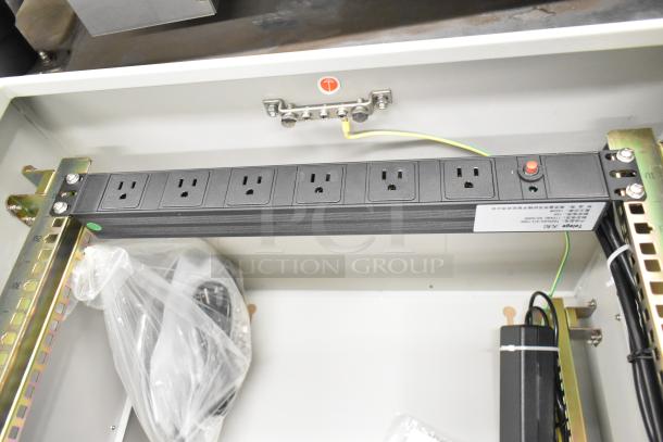 Brand new BlackShields DC0300 white metal air-conditioned tech cabinet, scratch and dent, no key, multiple power outlets.