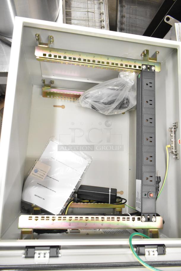 New BlackShields DC0300 white metal technology cabinet, no key, with internal power strip, scratch and dent condition.