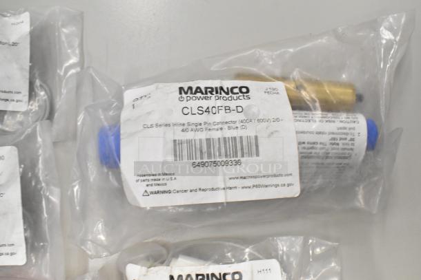 Lot of various items in sealed bags, including a Marinco CLS40FB-D pin connector. Tags show specs and warnings.