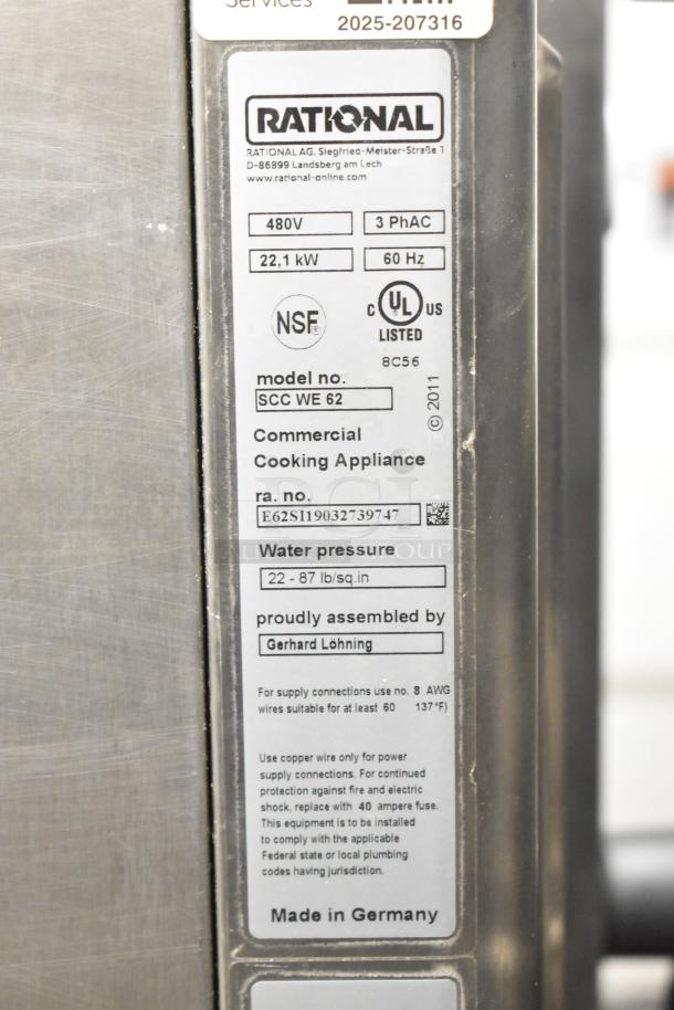 2019 Rational SCCWE62 SelfCookingCenter commercial oven, 480V, 3-phase, on stand with casters. Model and specs label shown.