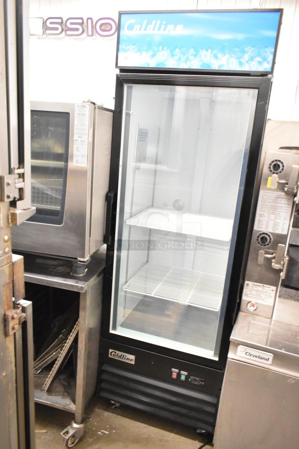 2022 Coldline D12-B commercial single door freezer merchandiser, poly-coated racks, on casters, 115V, 1 phase.