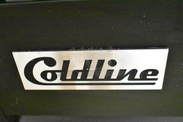 Coldline logo on a commercial single door reach-in freezer model D12-B, featuring poly-coated racks and commercial casters.