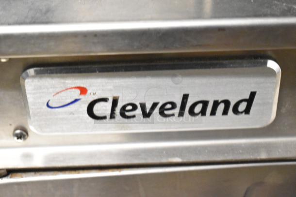 Cleveland PGM3002 commercial floor steamer, propane gas powered, 16-pan capacity, with boiler base, 300,000 BTU, nameplate shown.