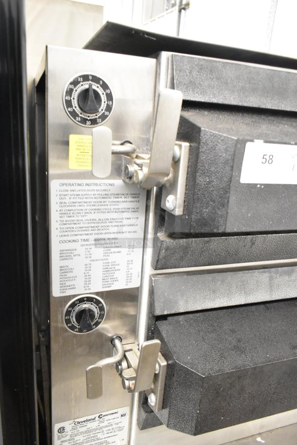 Cleveland PGM3002 16 Pan Pressure Steamer, propane, 300,000 BTU, stainless steel, control dials, operating instructions visible.