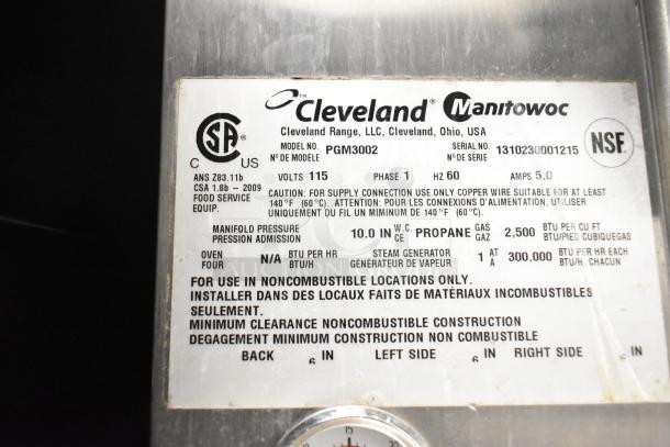 Cleveland PGM3002 commercial propane steamer, 16-pan capacity, 300,000 BTU. Features boiler base and CSA, NSF certifications.