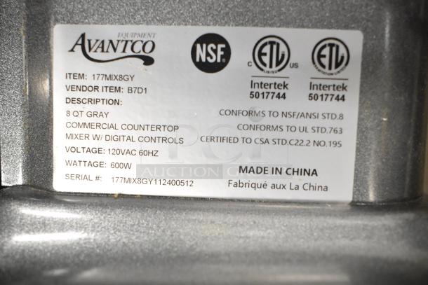Avantco 177MIX8GY gray countertop 8-quart planetary mixer, includes bowl, whisk, paddle, dough hook, 120V, 600W. Made in China.