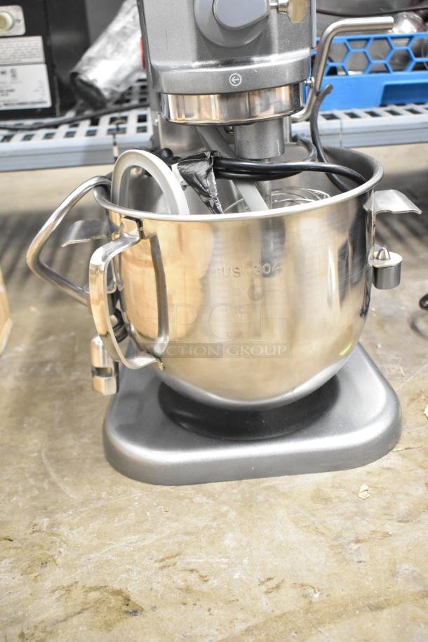 Brand new Avantco 177MIX8GY 8-quart countertop dough mixer with mixing bowl, whisk, paddle, and dough hook attachments.