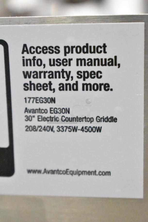 Label on Avantco 177EG30N Commercial Electric Griddle, 30" countertop model, 208/240V, 3375W-4500W.