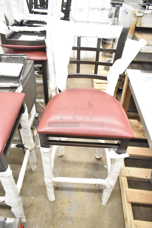 10 new Lancaster Table & Seating black window pane back bar stools with red 164CUSHWGBU seat cushions, scratch and dent condition.