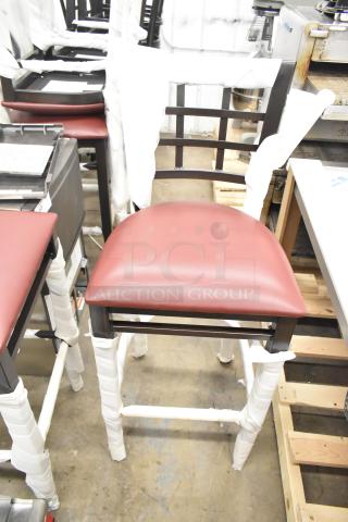 10 new Lancaster Table & Seating black window pane back bar stools with red 164CUSHWGBU seat cushions, scratch and dent condition.