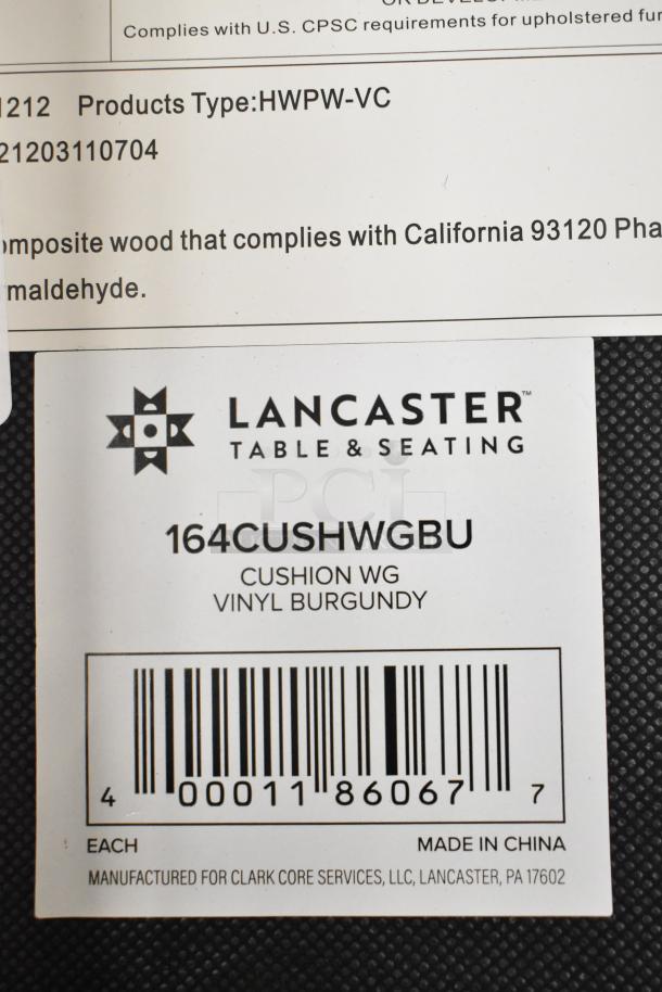 Lancaster Table & Seating label showing model 164CUSHWGBU, Vinyl Burgundy Cushion WG for bar height stool, made in China.