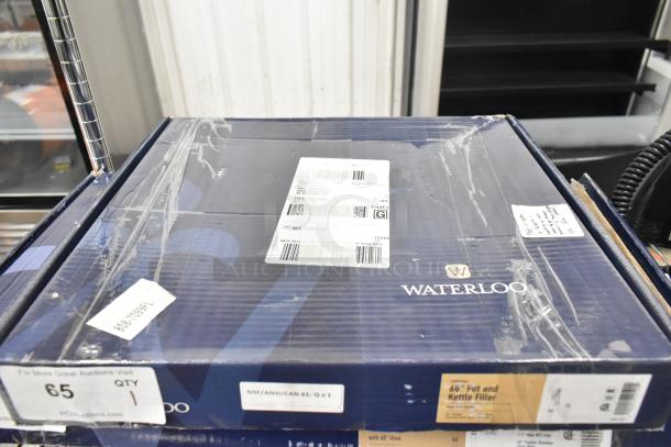 Boxed Waterloo Pot and Glass Filler Assembly 750PKFH68, brand new with scratch and dent markings, labels indicating specs.