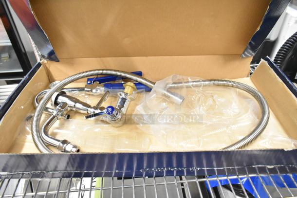 Brand new Waterloo wall-mounted pot filler, model 750PKF68, with 68" hose and vacuum breaker, in original packaging.