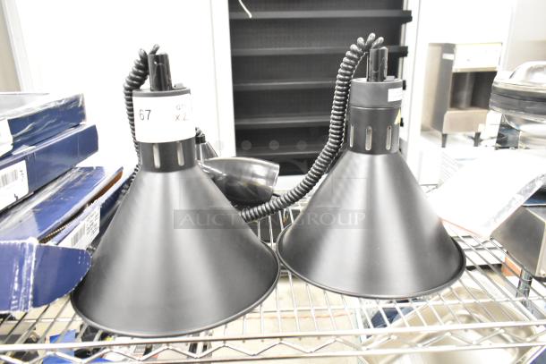 2 new ServIt 423HLR45BK retractable cord ceiling mount heat lamps, black finish, round cone shade, 120V, 1 phase.