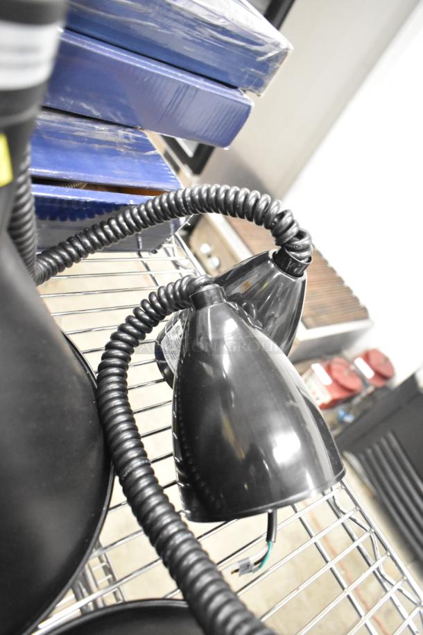 2 new ServIt 423HLR45BK retractable cord ceiling heat lamps, black round cone shade, 120V, slight scratches, in box.