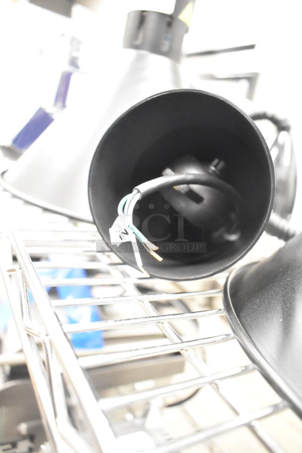 2 new ServIt 423HLR45BK retractable cord ceiling mount heat lamps with black round cone shades, 120V, 1 phase.