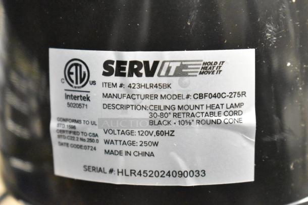 ServIt retractable cord ceiling mount heat lamp, black round cone shade, 120V, 250W, model CBF040C-275R, new condition.