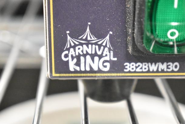 Carnival King 382BWM30 waffle maker close-up, showing brand logo and model number. New condition with minor scratches.