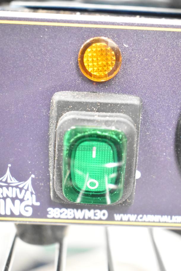 Carnival King 382BWM30 waffle maker, non-stick, green power switch, and model label visible. Brand new condition.
