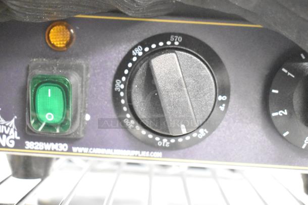 2023 Carnival King 382BWM30 Bubble Waffle Maker, new, 120V, timer, non-stick; scratch and dent condition visible on dial.