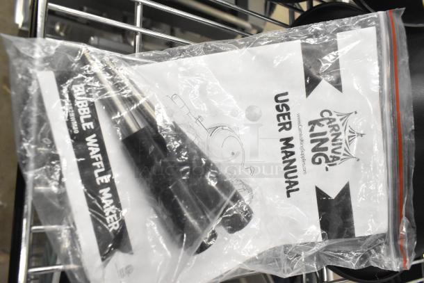 Brand new 2023 Carnival King 382BWM30 Non-Stick Single Bubble Waffle Maker with Timer, manual included in packaging.