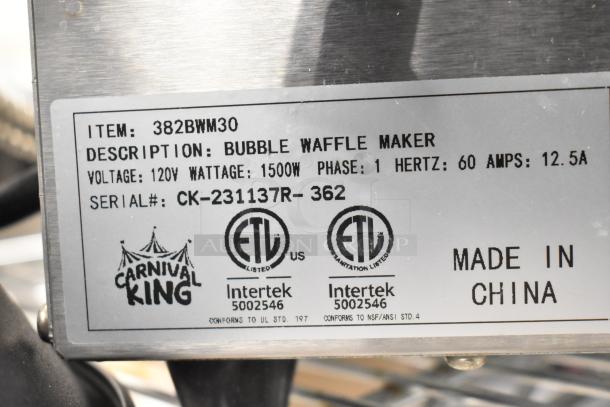 BRAND NEW SCRATCH AND DENT! 2023 Carnival King 382BWM30 Bubble Waffle Maker, 120V, non-stick with timer, 1500W.