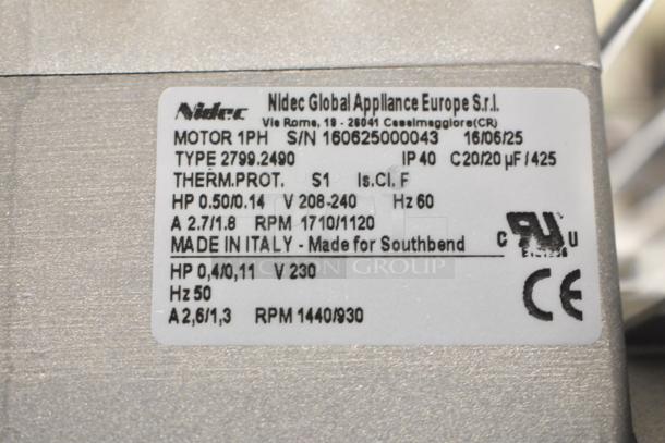 Brand new Nidec motor, 208-240V, 1 phase, model 2799.2490. Scratch and dent condition, made in Italy, labeled for Southbend.