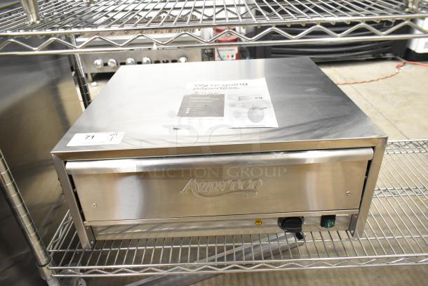 Brand new 2024 Avantco 177BW32 32 Bun Warmer, stainless steel, scratch and dent condition, 120V, 1 Phase, on metal shelf.