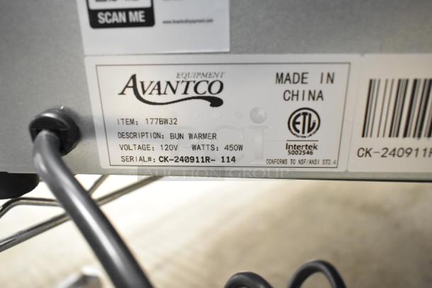 Avantco 177BW32 Bun Warmer label showing 120V, 450W, serial CK-240911R-114. Made in China, ETL certified.