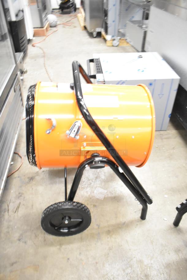 Brand new Boltic SHAG-K07F portable electric salamander heater, 208V, 3-phase, orange, minor scratches, sturdy frame, wheeled.