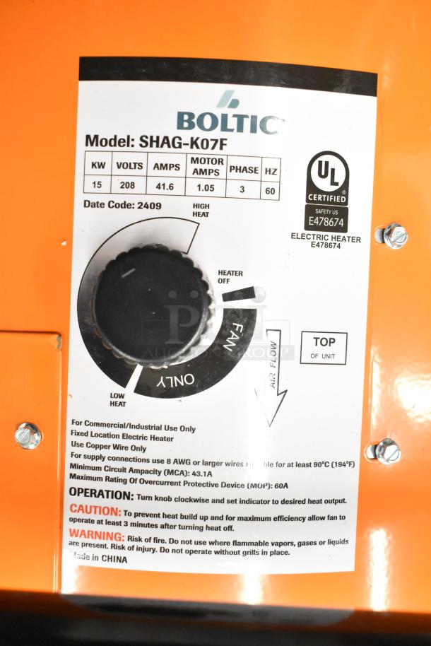 BRAND NEW Boltic SHAG-K07F portable electric salamander heater, 208V, 3 phase, scratch and dent condition. UL certified.