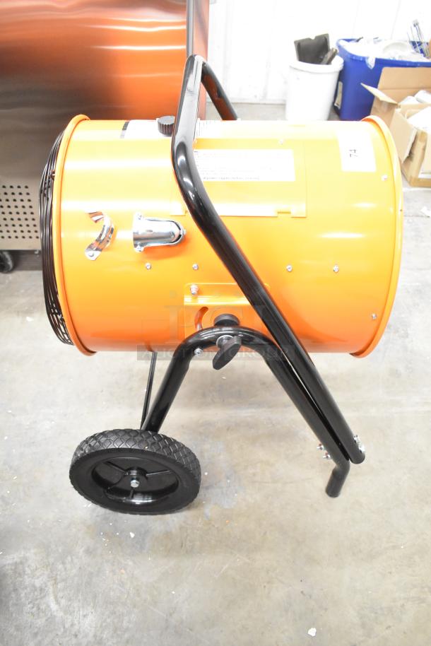 Brand new Boltic SHAG-K07F electric salamander heater, 208V, 3-phase. Portable, orange, slight scratches, wheeled base.