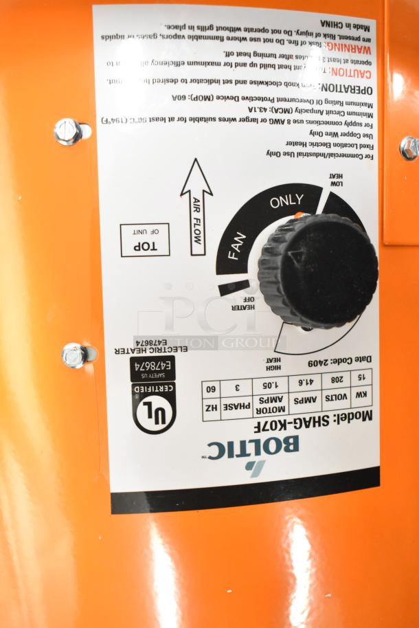 Brand new Boltic SHAG-K07F electric salamander heater, 208V, 3-phase. Minor scratches. Features adjustable control knob and UL certification.