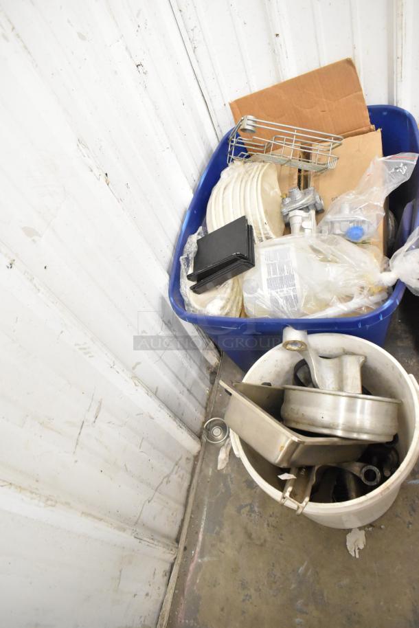 Lot of various items including Boltic SHAG-K07F stainless drop-in bin, round metal baking pan, and dishes in used condition.