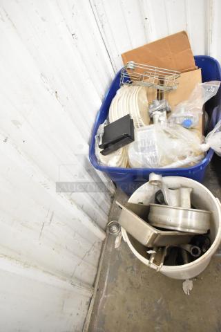 Lot of various items including Boltic SHAG-K07F stainless drop-in bin, round metal baking pan, and dishes in used condition.