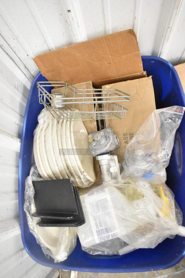 Lot includes stainless drop-in bin, round baking pan, assorted dishes, and more. Boltic model SHAG-K07F. Mixed condition.