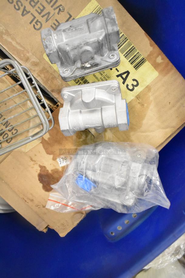 Lot including Boltic SHAG-K07F components, stainless drop-in bin, round metal baking pan, and dishes. Mixed condition.