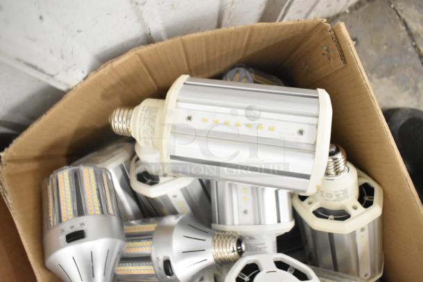 Box of 43 Boltic SHAG-K07F HID Replacement LED Lamp Bulbs, Keystone KT-LED27PSHID-E26-8CSB-D. White and silver color.