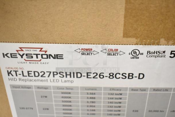 Keystone KT-LED27PSHID-E26-8CSB-D HID Replacement LED Lamp box with power, color select features, UL listed, RoHS compliant.