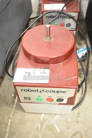 Robot Coupe R2N food processor base, 120V, 1 phase. Visible wear and auction tag numbered 79.