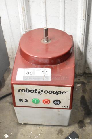 Robot Coupe R2B countertop food processor base, 120V, 1 phase, showing some wear. Model and controls visible.