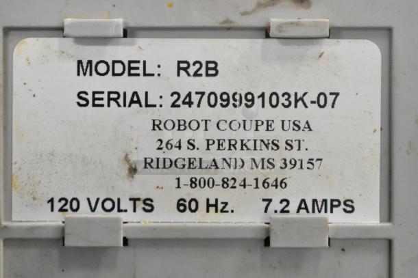 Robot Coupe R2B countertop food processor base label, 120 volts, 1 phase. Serial: 2470999103K-07.