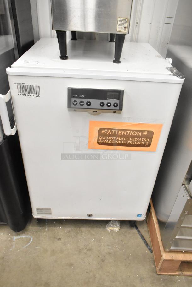 PHCBI SF-L6111W undercounter cooler, single door, 120 volts, with digital control panel, caution label, and barcode tag.