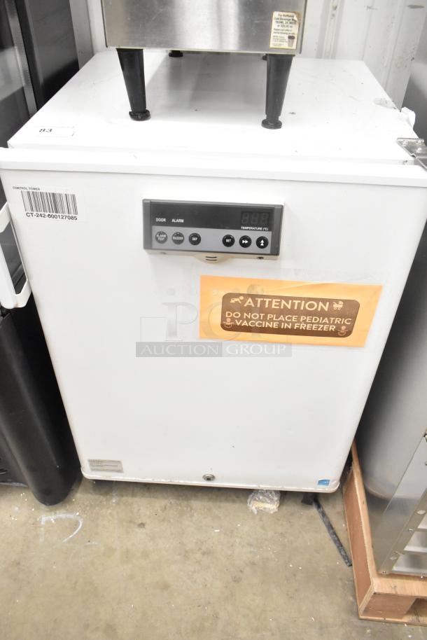 PHCBI SF-L6111W undercounter cooler, single door, digital display, 120V, 1 phase, caution label visible, good condition.