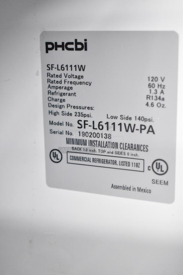 PHCBI SF-L6111W undercounter cooler label, 120V, single-phase, Model SF-L6111W-PA, refrigerant R134a, assembled in Mexico.